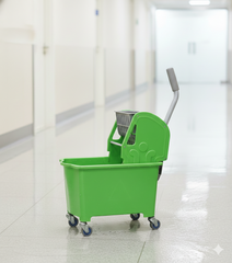 Green cleaning cart with mop and bucket on a tiled floor
