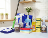 Cleaning supplies including bottles, sponges, and a mop on a kitchen counter.