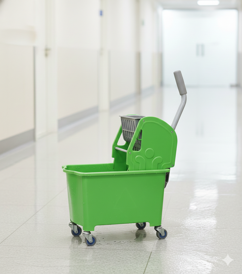Green cleaning cart with mop and bucket on a tiled floor