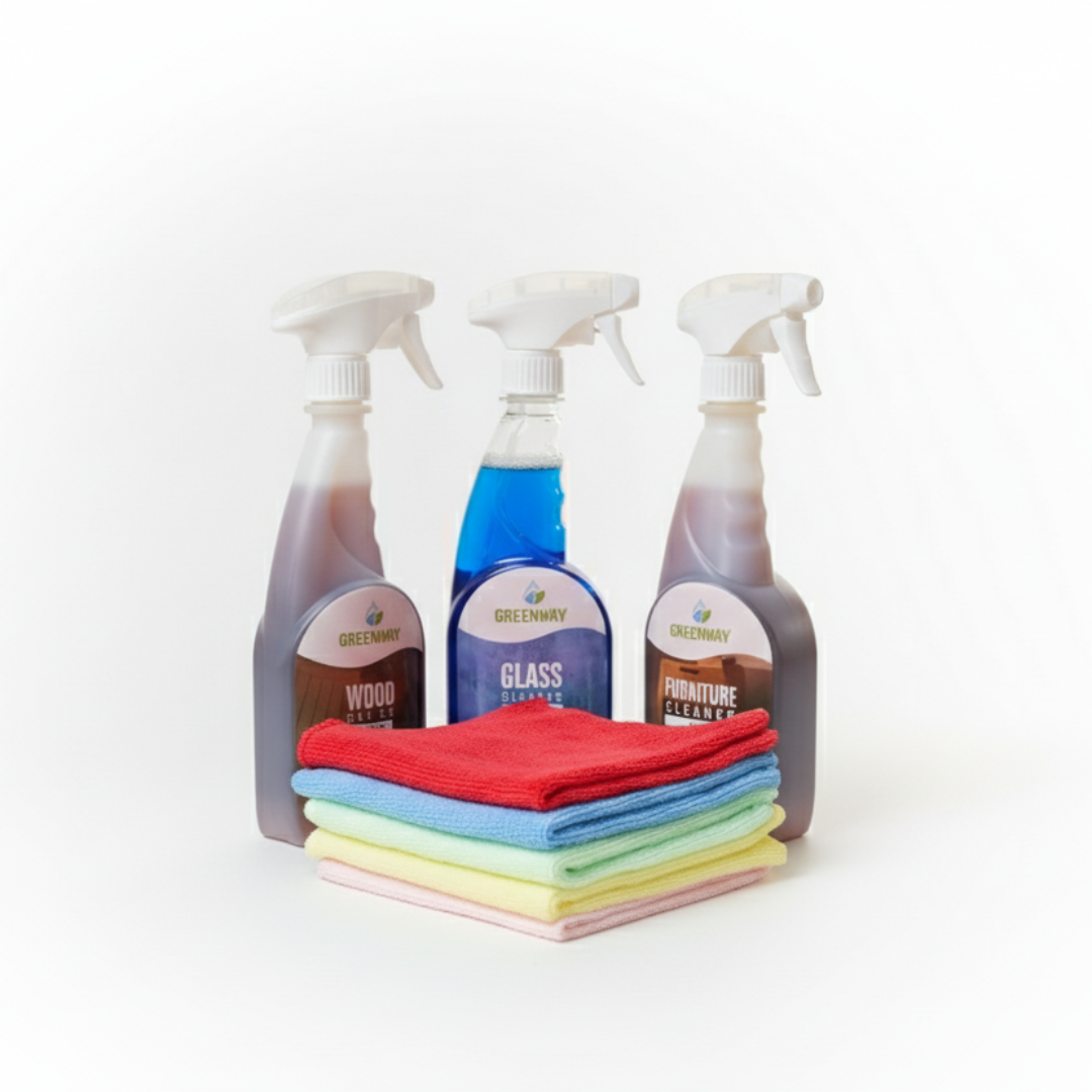 Three spray bottles and a stack of colorful cloths on a white background