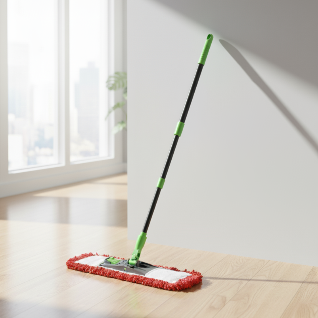 Green and red dust mop on a wooden floor with large windows in the background