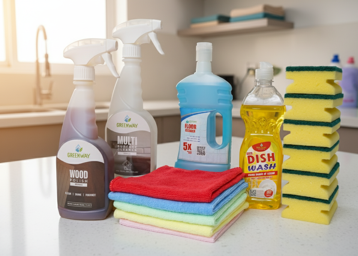 Cleaning supplies including bottles, sponges, and cloths on a kitchen counter.