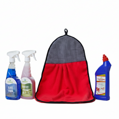 Red and gray bag with cleaning products on a white background